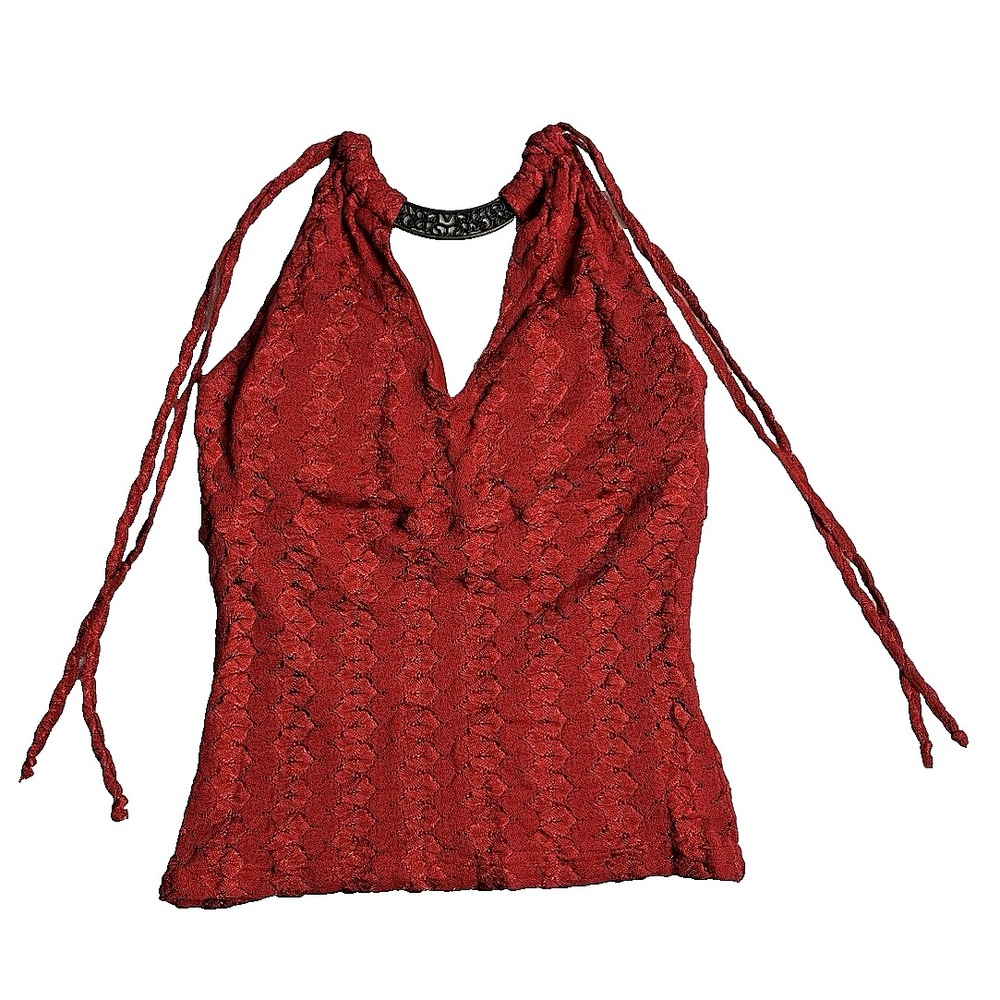 Y2K BISOU BISOU Michele Bohbot Women's Red Lace Ring Front Halter Top XS (VTG)